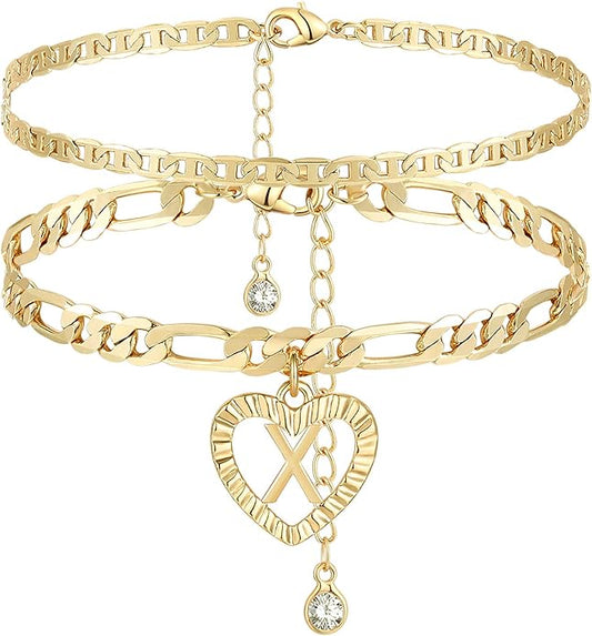 YANODA Initial Ankle Bracelets for Women 14K Gold Plated Layered Figaro Chain Letter Initial Anklets Handmade Layered Heart Ankle Bracelets Personalized Jewelry for Women