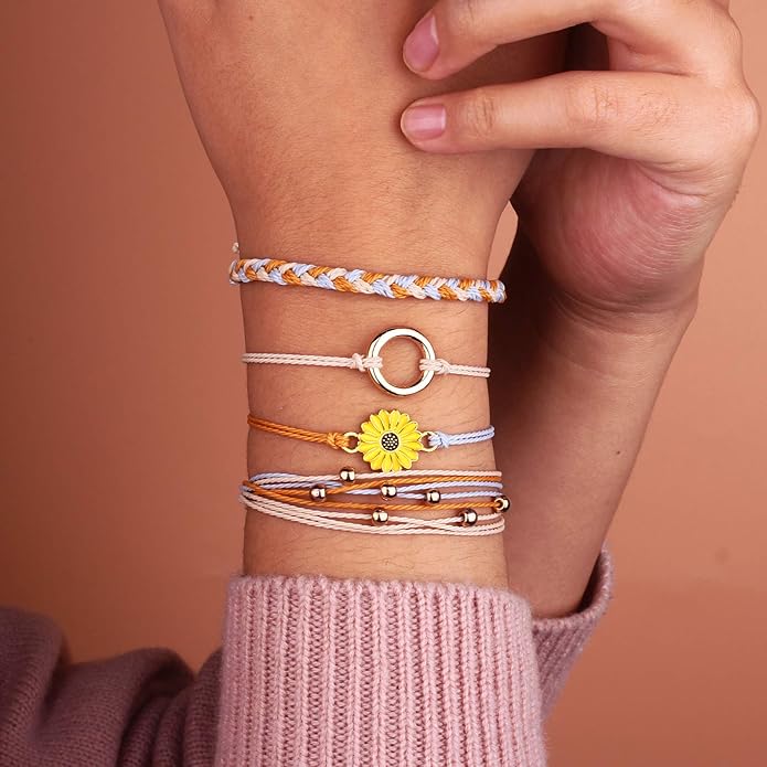 FANCY SHINY Sunflower String Bracelet Boho Braided Rope Wrap Bracelets Cute Summer Beach Surfer Jewelry for Women