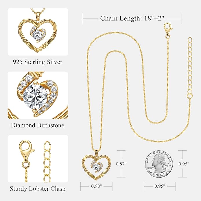 G&GEMSJEW 18K Gold Heart Birthstone Necklaces for Women, S925 Sterling Silver Jewelry Birthday Gifts for Women Wife Girlfriend Mom, Anniversary Christmas Valentines Gifts