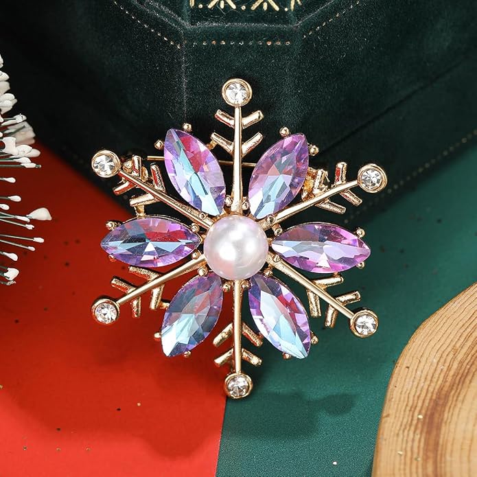 Crystal Snowflake Brooch for Women - Rhinestone Winter Pin with Pearl - Elegant Christmas Accessory for Clothing, Hat, Bag, Skirt - Birthday Party Costume Jewelry