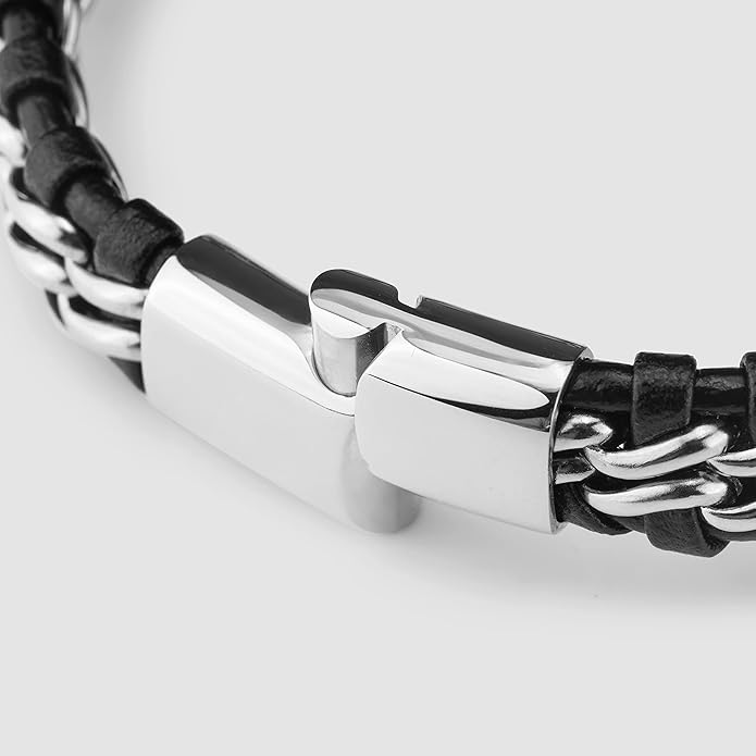 SERASAR | Premium Genuine Leather Bracelet [Steel] for Men in Black | Magnetic Stainless Steel Clasp in Black, Silver and Gold | Exclusive Jewellery Box | Great Gift Idea