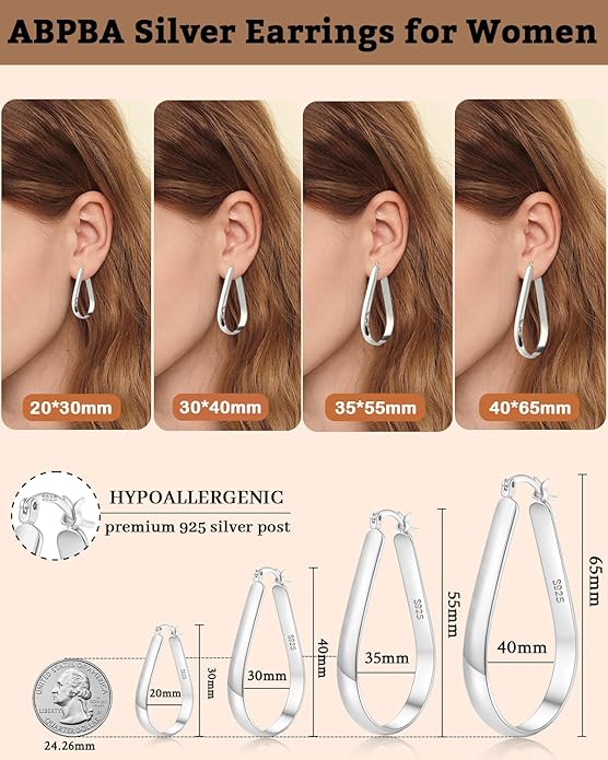 925 Sterling Silver Hoop Earrings for Women Hypoallergenic Oval Sterling Silver Hoop Earrings Large Silver Hoops Earring Lightweight Thick Silver Hoops Earrings for Women 30/40/55/65MM