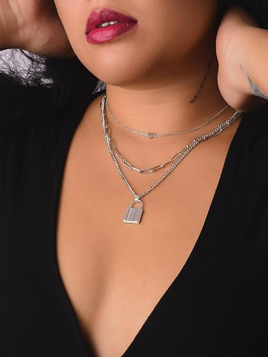 Sacina Gothic Silver-Tone, Black Layered Heart Lock Necklace, Emo Grunge Punk Necklace, Goth Jewelry, Halloween Christmas Jewelry Gift For Women