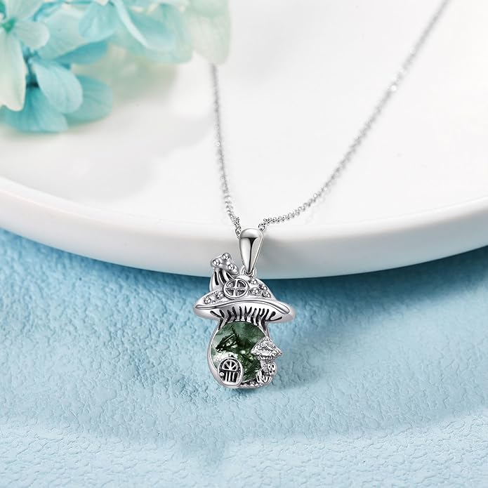 YAFEINI Mushroom Necklace Moonstone/Moss Agate/Malachite/Labradorite/Turquoise/Amber/Larimar/Black Onyx/Lapis Lazuli/Peridot/Opal Sterling Silver Mushroom Pendant Mother's Day Jewelry for Women Mom