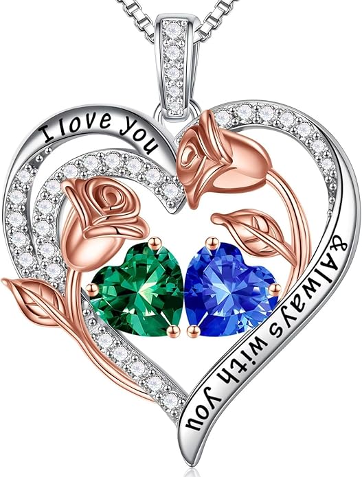 Iefil Birthstone Necklace for Women - 925 Sterling Silver Rose Heart Birthstone Necklace Birthday Anniversary Jewelry Gifts for Her Wife Mom Daughter