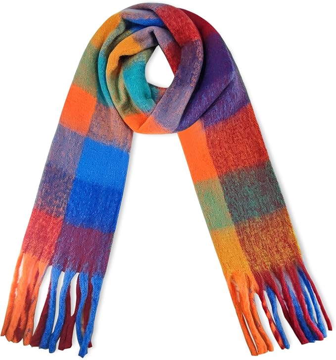 SHOHOKU Large Chunky Plaid Scarf Coloured Checked Oversized Scarf Tassel Soft Fall Winter Thick Warm Shawl Women