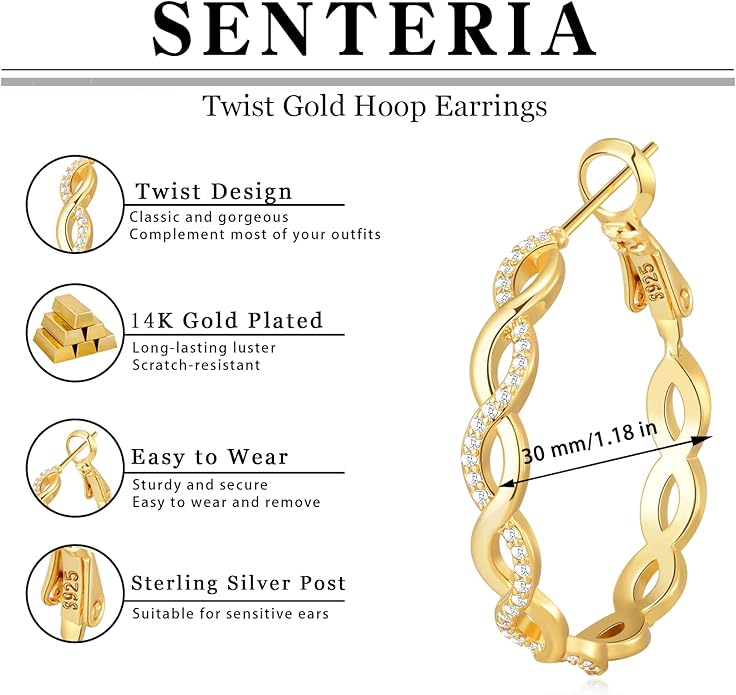 Senteria 925 Sterling Silver Earrings Hoops for Women Lightweight Twisted Hoop Earrings With Cubic Zirconia Hypoallergenic Hoops Earrings (20/30/40/50/60MM)