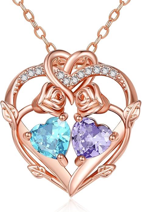 Rose Gold Necklaces for Women Double Birthstone Rose Flower Heart Pendant Necklace Jewelry Anniversary Christmas Valentine's Mother's Day Birthday Gift for Wife Mom Her Girlfriend Sister