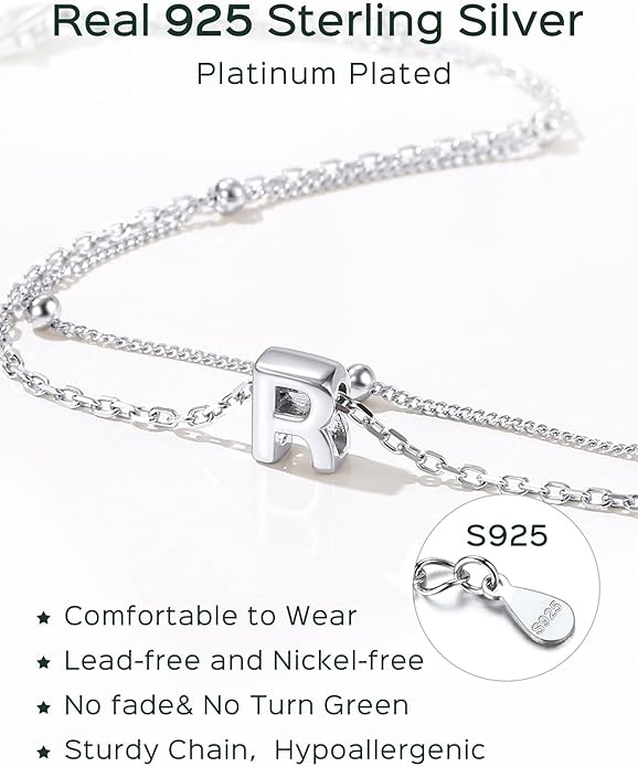 ChicSilver Ankle Bracelets for Women Waterproof, 925 Sterling Silver Initial Anklets for Women, Adjustable Dainty Layered Anklet Beach Jewelry for Women Mom Wife Friend