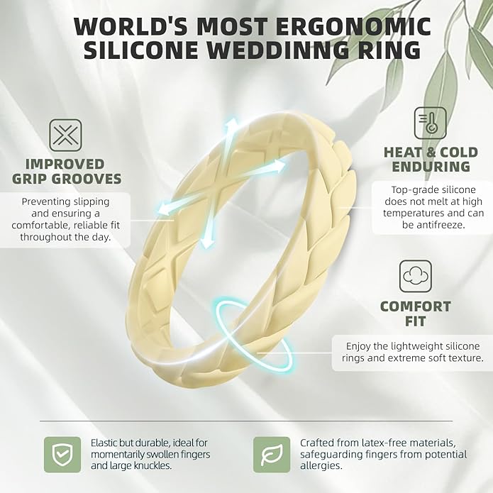 Egnaro Women's Silicone Stackable Rings 3.5mm Wide 2mm Thick, Rubber Flexible Hypoallergenic Wedding Bands For Workout Leaf Braided Fashion