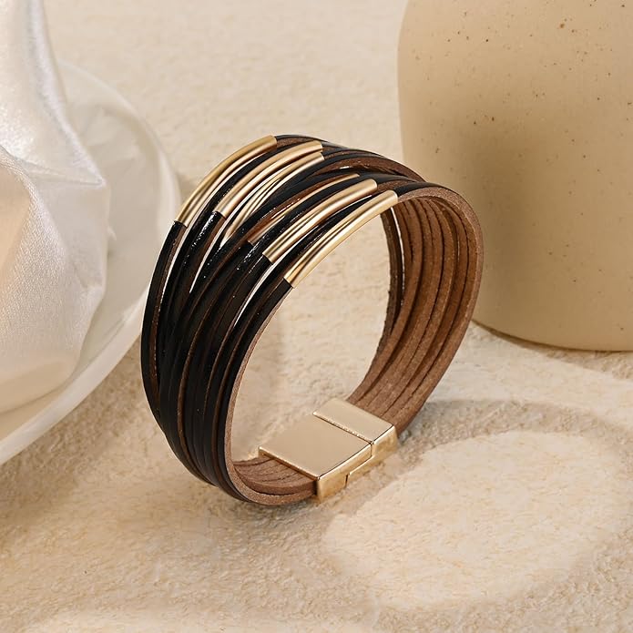 ENGCKSHI Wrapped Bracelets for Women,Leather Bracelet,Boho Bracelets for Women,Multi-Layer Pearl Crystal Bracelet Bangle Jewelry
