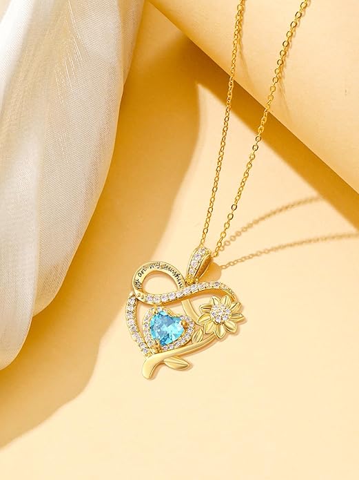 14K Gold Sunflower Heart Necklace for Women, You Are My Sunshine Jewelry with Birthstone Pendant, Anniversary Birthday Gifts for Her Wife Mom Grandma Daughter