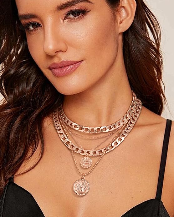 MJartoria Layered Necklaces for Women Trendy Retro Coin Pendant Necklace Dainty Chunky Chain Choker Necklaces for Jewelry Birthday Gifts