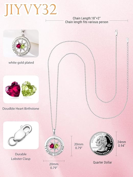 JIYVY32 Compass Birthstones Necklace for Women, Exquisite S925 Necklace Anniversary Birthday Gifts for Wife Her Double Birthstone Pendant jewelry ‘I'd be Lost Without You’