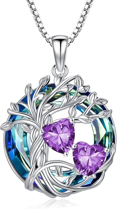 TOUPOP s925 Sterling Silver Family Celtic Tree of Life Pendant Necklaces with 2 Heart Birthstone with Blue Austrian Crystal Jewelry Birthday Anniversary Christmas Gifts for Her Wife Girlfriend Mom (18K Real White Gold Filled)
