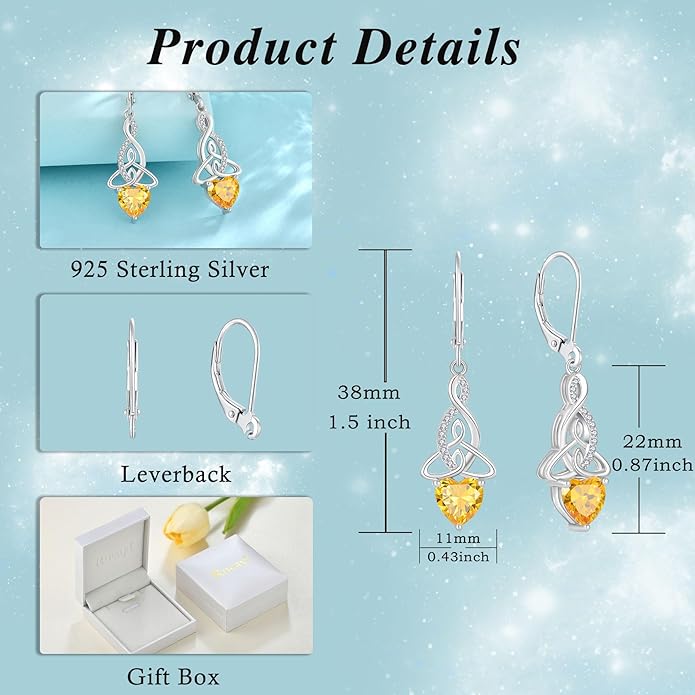 Infinity Celtic Knot Jewelry Set for Women 925 Sterling Silver Citrine Earrings and Necklace Set November Birthstone Jewelry Gifts for Her