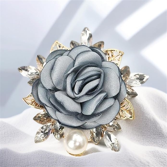 Rose Brooch for Women,Dainty Satin Fabric Flower Lapel Pins Vintage Elegant Pearl Brooches Handmade Crystal Pearl Pins Silk Camellia Safety Collar Pin Dress Suit Accessories Wedding Bridal Bouquet Jewelry