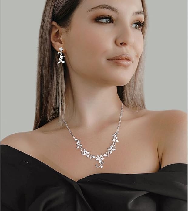 Crysdue Flower Leaf Wedding Jewelry Set for Bridal Bridemaid, Cubic Zirconia Teardrop Elegant Silver/14K/Rose Gold Plated Vine Necklace Dangle Earrings for Prom Party