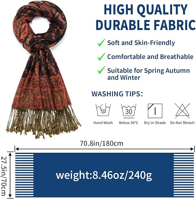 QIUTIMIY Paisley Pashmina Shawl Wrap Women Reversible Vintage Jacquard Pashmina Rave Scarf with Fringe for Evening, Wedding