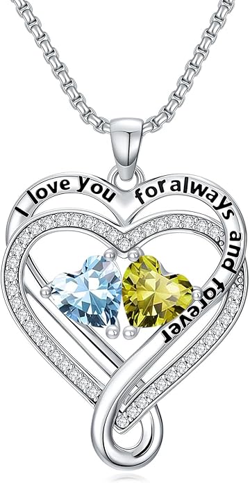 I Love You for Awlays and Forever Double Heart Necklace with Birthstone, 2 Birth Stone Jewelry Anniversary Valentines Mothers Day Christmas Birthday Gifts for Women Her Wife Girlfriend Mom Mother