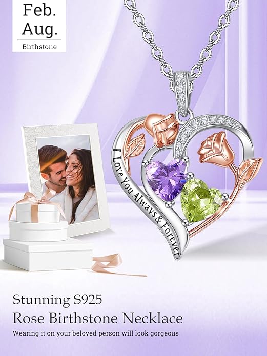 Zeuslia Double Birthstone Necklace Gifts for Wife - 925 Sterling Silver Sunflower/Rose/Crown Cross/Compass/Heart Pendant I Love You Necklace, Anniversary Birthday Gifts for Wife Girlfriend Mom Her