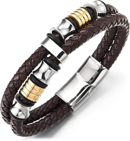 COOLSTEELANDBEYOND Mens Double-Row Braided Leather Bracelet Bangle Wristband with Stainless Steel Ornaments