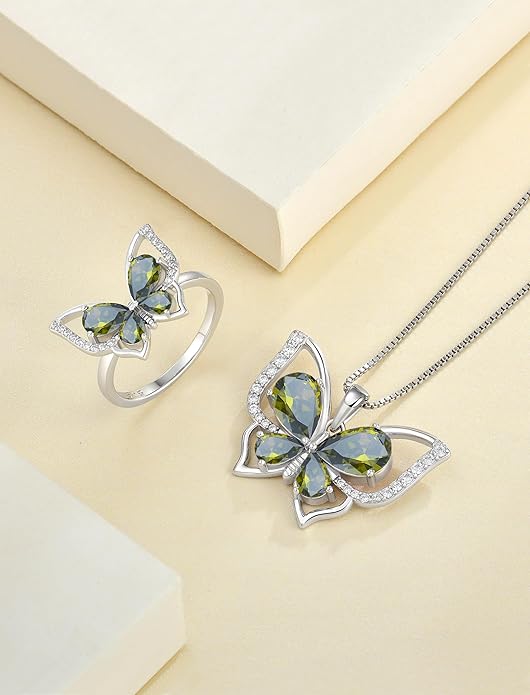 YL Women's Butterfly Necklace 925 Sterling Silver Flower Rose Pendant Birthstone Halo Jewelry