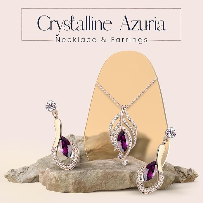 Crystalline Azuria Crystals Simulated Purple Amethyst Set Pendant Necklace 18 inches Earrings 18K Rose Gold Plated for Women