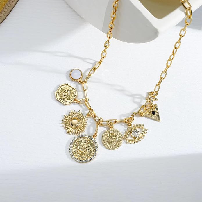 Charm Necklace for Women Gold Plated Chunky Evil Eye Sun Moon Flower Coin Pendant Dainty Handmade Paperclip Chain Necklace Jewelry for Women