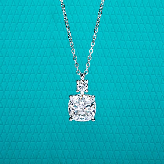 AnuClub Cushion Cut Moissanite Pendant Necklace D Color VVS1 925 Sterling Silver Refined Daily Necklace for Women with Certificate, 40+2+3cm Adjustable Chain