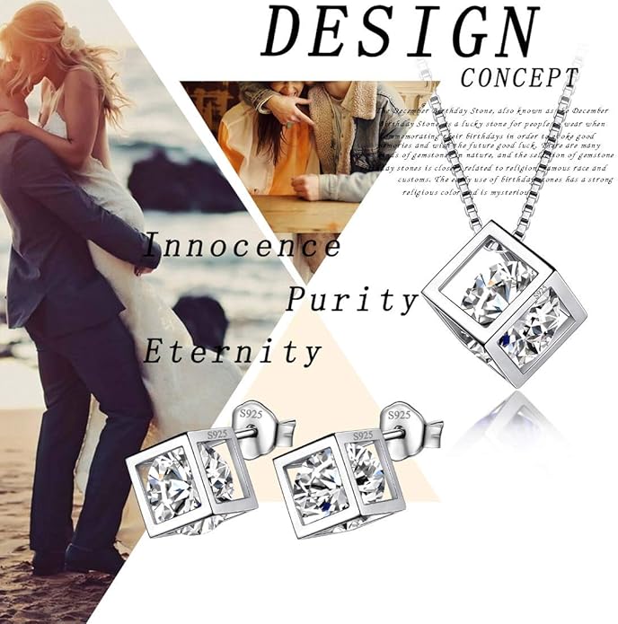 Aurora Tears Birthstone Necklace/Earring 925 Sterling Silver Women Cross/3D Cube/Cresent Moon Birth Stone Jewelry Mens Birthday Gift Anniversary Present
