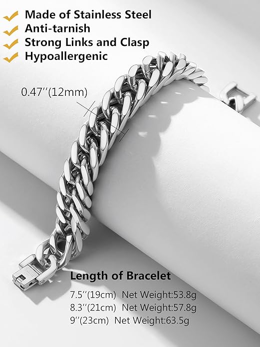 8/12/17mm Wide Cuban Link Bracelet for Men Father Gift 18K Gold/Black Plated Stainless Steel Bracelets 7.4-9 Inches(Gift Wrapped)