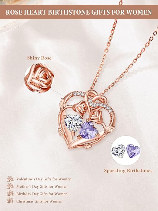 Rose Gold Necklaces for Women Double Birthstone Rose Flower Heart Pendant Necklace Jewelry Anniversary Christmas Valentine's Mother's Day Birthday Gift for Wife Mom Her Girlfriend Sister