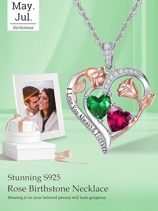 Zeuslia Double Birthstone Necklace Gifts for Wife - 925 Sterling Silver Sunflower/Rose/Crown Cross/Compass/Heart Pendant I Love You Necklace, Anniversary Birthday Gifts for Wife Girlfriend Mom Her