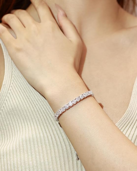FANCIME Moissanite Tennis Bracelet 1.2ct-12ct Lab Created Moissanite Diamond Bracelets,925 Sterling Silver Adjustable Bolo Tennis Bracelets, 2/3/4/5mm D Color VVS1 Round Cut Moissanite Bracelet for Women