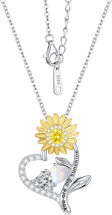 PERJI Valentine's Day Gifts for Women - 925 Sterling Silver Double Birthstone Sunflower Necklace, Anniversary Birthday Jewelry You are My Sunshine Gifts for Wife Couple Girlfriend 18"+2" Non Tarnish