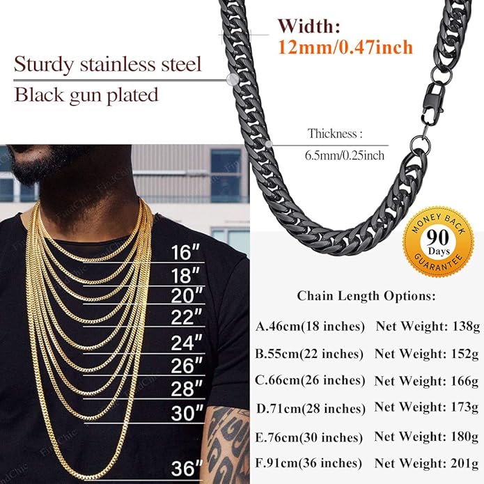 FindChic Men Curb Chain Necklace 18K Gold Plated/Stainless Steel/Black Chunky Double Tight Cuban Link Hip Hop Neck Chains for Men Boys 3.5MM/5MM/6MM/7MM/9MM/12MM 14''-30'' 8 Length Options (Send Gift Box)