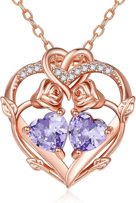 Rose Gold Necklaces for Women Double Birthstone Rose Flower Heart Pendant Necklace Jewelry Anniversary Christmas Valentine's Mother's Day Birthday Gift for Wife Mom Her Girlfriend Sister
