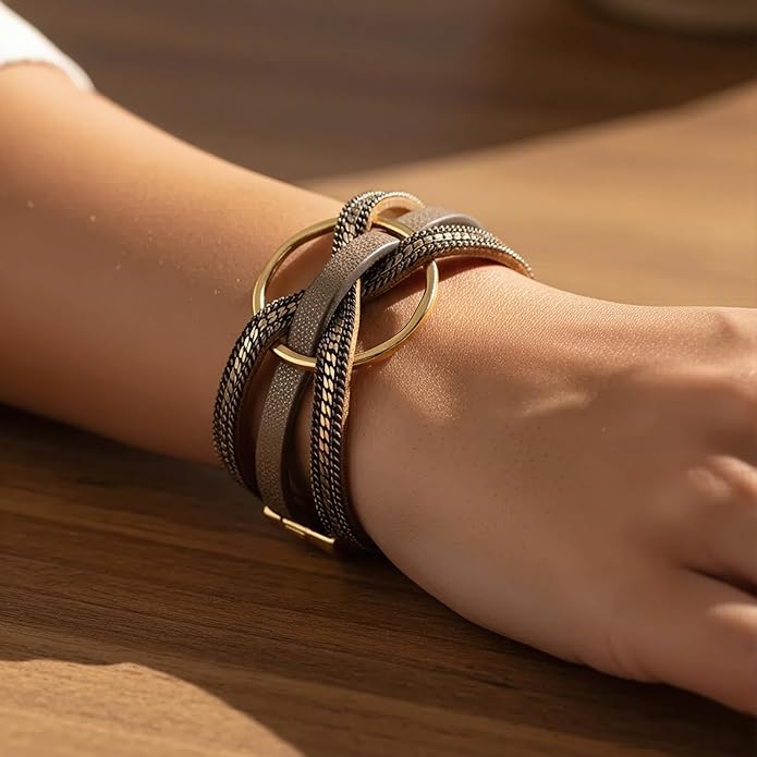 Edoneery Leather Wrap Bracelet for Women, Boho Handmade Multi-Layer Cuff with Crystal Beads Heart, Stackable Bangle Western Jewelry Gift
