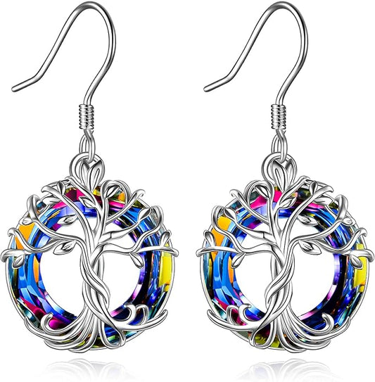 TOUPOP Tree of Life Earrings 925 Sterling Silver Family Tree Dangle Drop Earrings Crystal Jewelry Birthday Christmas Gifts for Women Her