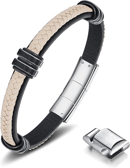 Leather Bracelet for Men with Adjustable Stainless Steel Magnetic Clasp Multi-Layer Braided Mens Leather Bracelet