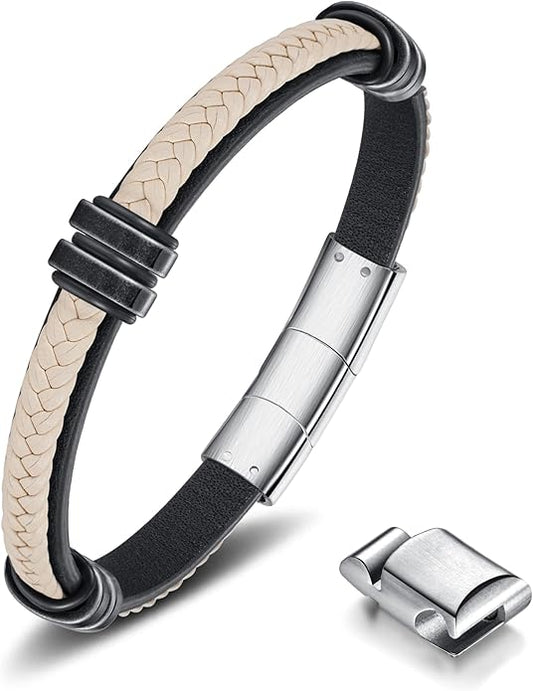 Leather Bracelet for Men with Adjustable Stainless Steel Magnetic Clasp Multi-Layer Braided Mens Leather Bracelet