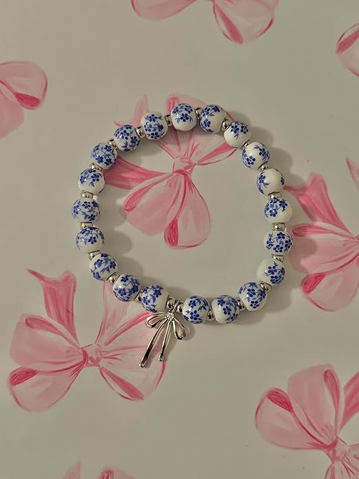 Beads Bow Charm Bracelet for Women Flower Vintage Bracelet Handmade Stretch Beaded Dainty Romantic Jewelry Gifts