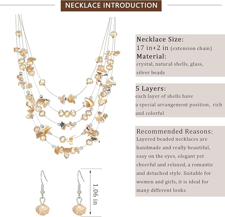 Multi-Layer Boho Shell Beaded Necklace for Women Colorful Crystal Strand with Silver Beads Statement Collars Necklace and Earrings Costumes Jewelry Sets for Women