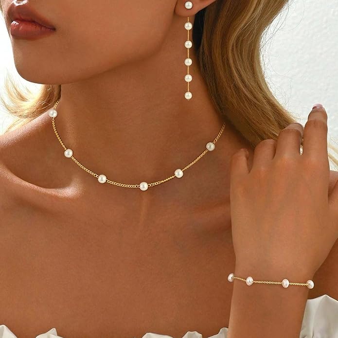 Pearl Necklaces for Women Trendy, 18K Gold/Silver Plated Layered Pearl Necklace Dainty Pearls Choker Necklace and Earring Set Simple Pearls Bracelets Wedding Prom Gold Jewelry for Women Gifts