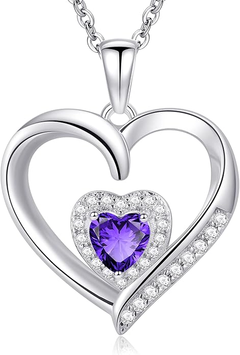 GLIVEOR Heart Birthstone Necklace for Women,S925 Sterling Silver Necklace Birthstone Necklace Heart Necklace for Women Birthday Jewelry Gifts for Women