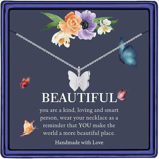 Hidepoo Initial Butterfly Necklace for Girls Gifts, 14K Gold/Silver/Rose Gold Filled Dainty Butterfly Pendant Choker Necklace Initial Butterfly Necklace Birthday Gifts for Girls
