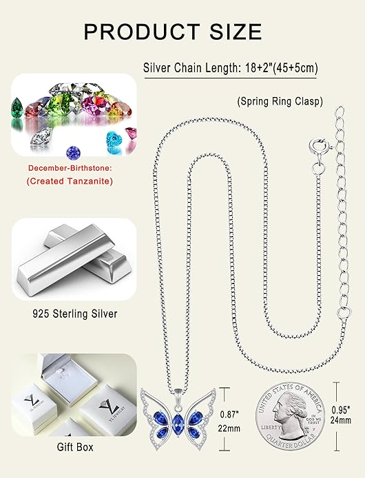 YL Women's Butterfly Necklace 925 Sterling Silver Flower Rose Pendant Birthstone Halo Jewelry