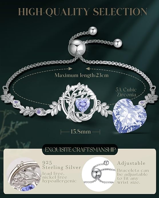 FANCIME Tree of life Birthstone Bracelet for Women Sterling Silver Tree Jewelry Birthstone Charm Bracelet Gemstone Anniversary Birthday Christmas Gifts for Wife Mom Her
