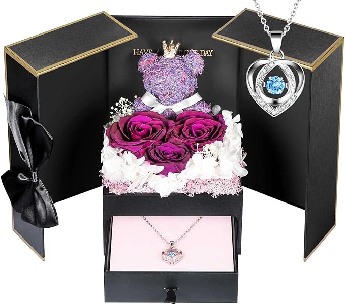 ADDWel Preserved Rose Gifts for Her, Forever Real Purple Flowers with Sterling Silver Necklace for Wife Girlfriend Mom on Birthday Anniversary